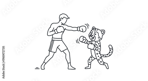Dynamic black and white outline of a man boxing a cheerful cheetah, both wearing gloves in a