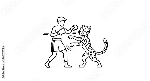 Dynamic black and white illustration of a determined boxer sparring against a fierce cheetah in a