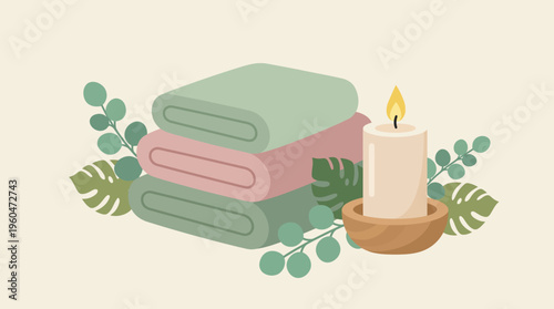 Stack of towels and lit candle.