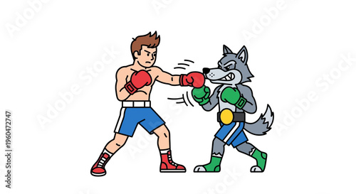 Dynamic cartoon boxing match featuring a determined human fighter and an aggressive wolf opponent