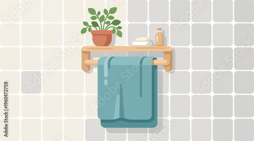 Teal towel on wooden bathroom rack.