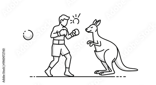 Minimalist black and white line art of a human boxer encountering a kangaroo in a stylized face-off