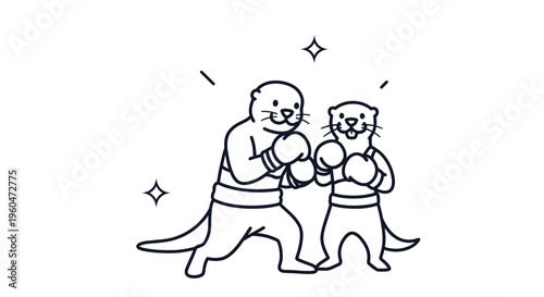 Two adorable cartoon otters ready for a friendly boxing match, showcasing spirited animal