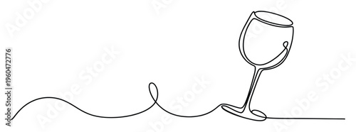Minimalist one line drawing of a classic stemware wine glass with a smooth continuous stroke, ideal for elegant beverage branding, restaurant menus, or sophisticated event decor.