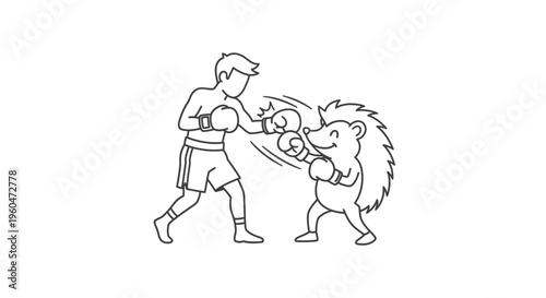 Playful line art illustration of a dynamic boxing match between a human athlete and a spiky hedgehog
