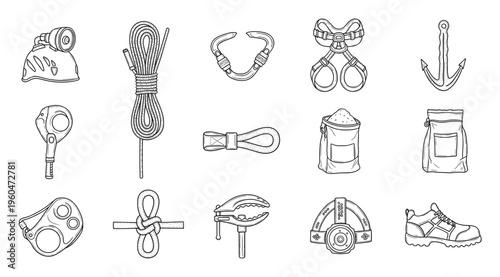 Collection of essential climbing and caving gear including helmet, rope, carabiner, harness, and various tools for outdoor adventure and safety applications