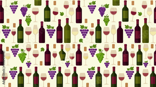 Wine bottles and glasses with grapes.