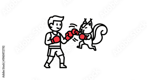 Whimsical cartoon illustration of a determined human boxer engaging in a playful sparring match
