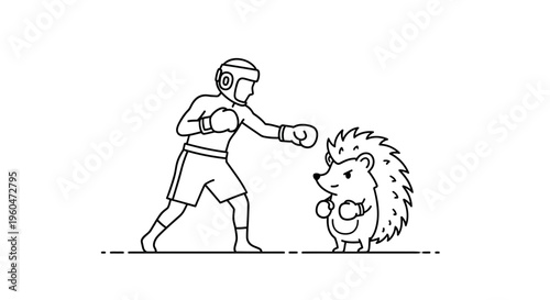 Line art illustration of a human boxer sparring with a hedgehog wearing boxing gloves in a playful