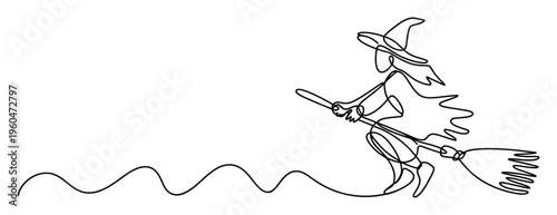 Dynamic continuous oneline drawing of a flying witch on a broomstick, perfect for Halloween celebrations, magical holiday promotions, and engaging seasonal digital content.