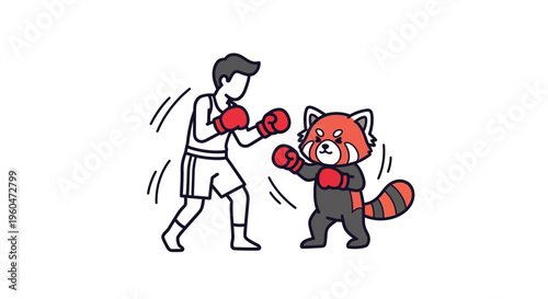 Dynamic outline illustration of a playful boxing match between a determined human and a cute red