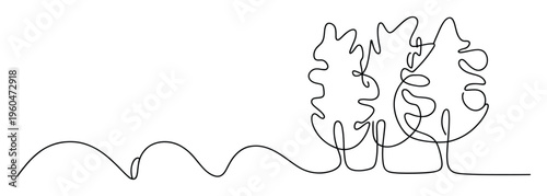 Continuous line drawing of abstract forest landscape with wavy hills and three minimalist trees perfect for modern nature themes or ecofriendly branding projects