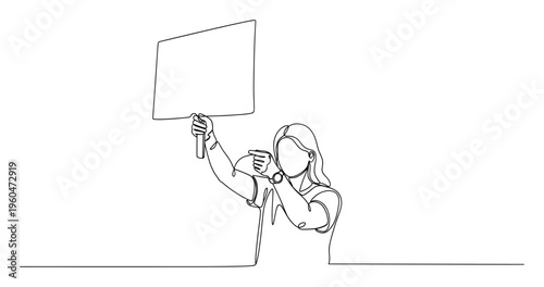 Continuous line drawing of a young woman holding a blank protest sign and pointing to it, suitable for social campaign announcements and public awareness messages.