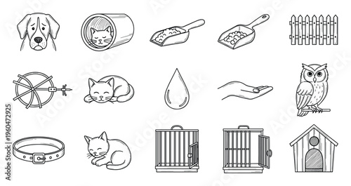 Set of hand drawn line icons featuring domestic animals like a dog and cats with their essentials including food, water, crates, collar, and housing for pet care branding.
