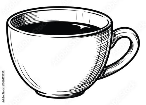 Handdrawn style illustration of a warm beverage cup filled with a dark refreshing drink, ideal for cafe signage, morning routine imagery, or food and beverage industry branding.