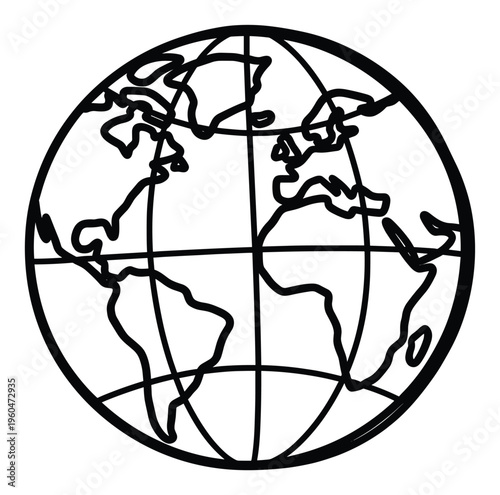 Outline drawing of the world globe showcasing continents and geographical grid lines, perfect for educational resources, global communication, or environmental conservation themes
