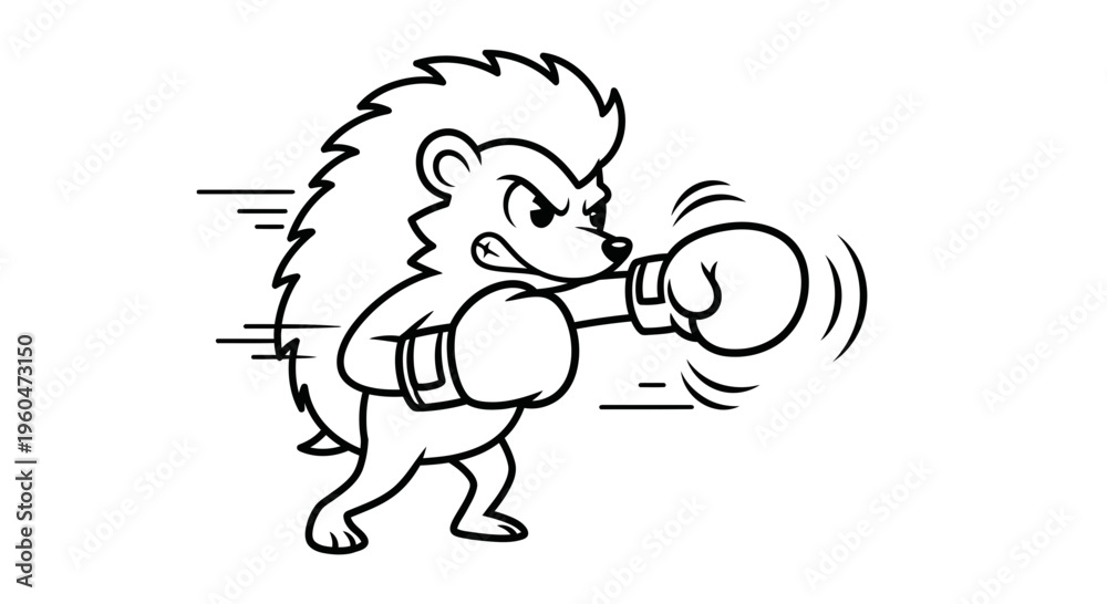 Naklejka premium Determined cartoon hedgehog delivering a powerful punch in boxing gloves, an action-packed