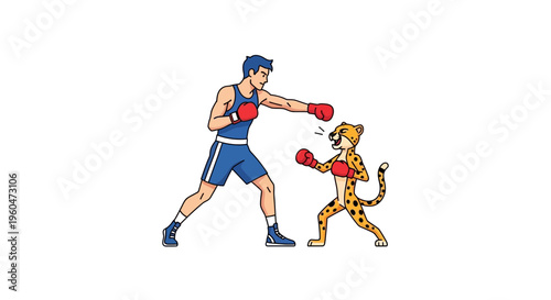 Dynamic Cartoon Depiction of Boxer and Cheetah Engaging in a Friendly Competitive Sparring Match