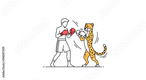 Vibrant line art illustration depicting an intense boxing match between a human athlete and a