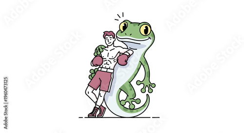 Cartoon illustration of a shirtless boxer in gloves leaning casually on a cheerful green gecko,