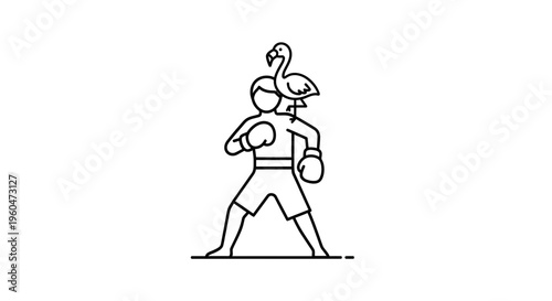 Minimalist line drawing of a determined boxer accompanied by a graceful flamingo on his shoulder,