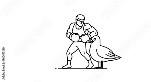 Line art illustration of a powerful boxer standing with an unexpected bird companion