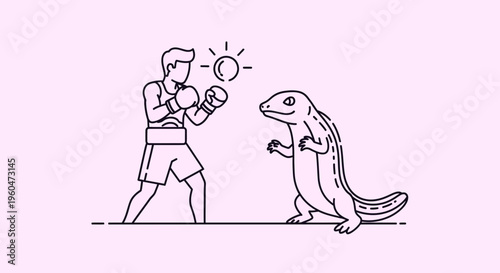Minimalist Illustration of a Boxer Confronting a Lizard in a Quirky Visual Metaphorical Contest