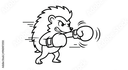Determined cartoon hedgehog delivering a powerful punch in boxing gloves, an action-packed