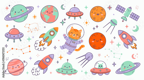 Cute kawaii cat astronaut and colorful planets with smiling faces plus rockets and UFO stickers on white background, concept for children illustration, nursery decor and educational space graphics