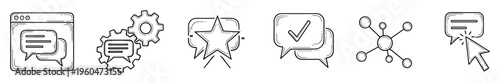 Hand drawn doodle style line icons representing online communication, settings, user feedback, confirmed messages, networking connections, and interactive discussions for web applications