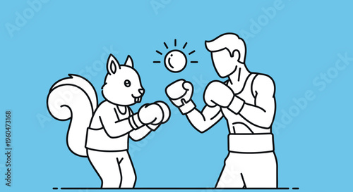 Whimsical boxing match between an anthropomorphic squirrel and a human competitor for a luminous