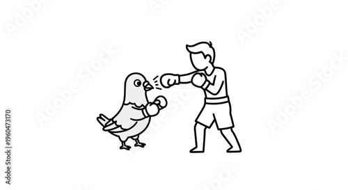 Amusing outline illustration of an improbable boxing match featuring a determined person and a