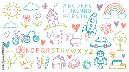 Large set of colorful hand drawn children doodles with alphabet letters house animals rocket and toys on white background, concept for back to school ads educational projects and kids nursery