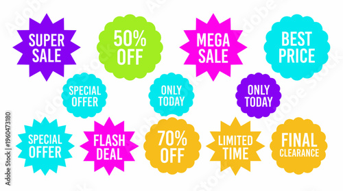 Collection of vibrant colorful promotional sale stickers and discount badges with starburst and scalloped shapes on white background, concept for retail marketing, e-commerce and clearance