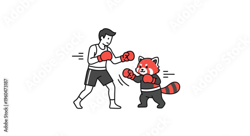 An engaging whimsical illustration of a human boxer sparring playfully with a cute red panda