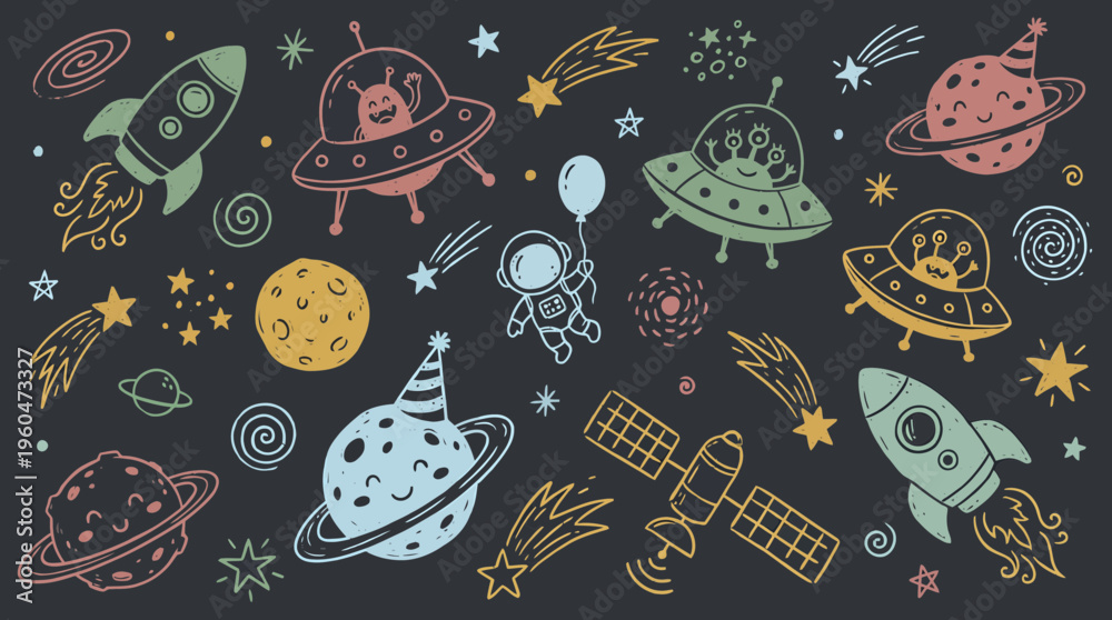 Naklejka premium Hand drawn space doodle collection with rockets ufo planets and astronaut worker on dark background, concept for children book illustration, nursery wallpaper and creative educational poster