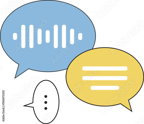 Flat vector illustration of speech bubbles featuring text lines and audio waveform, representing communication, messaging, and voice-to-text or translation features.