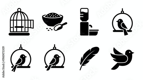 Black bird care icons set featuring cage, seed bowl, waterer, perch, feather and flying birds on white background, concept for pet shop branding, aviary care and animal welfare illustration