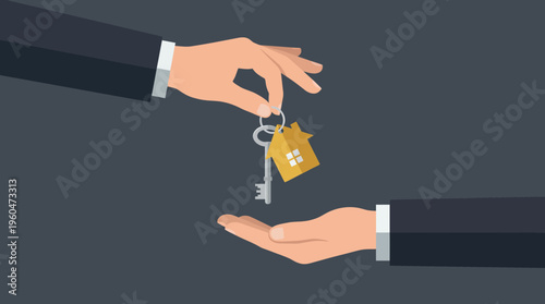 Professional real estate agent hand giving house key with home keychain to client hand against dark background, concept for property investment, mortgage agreement and residential sales