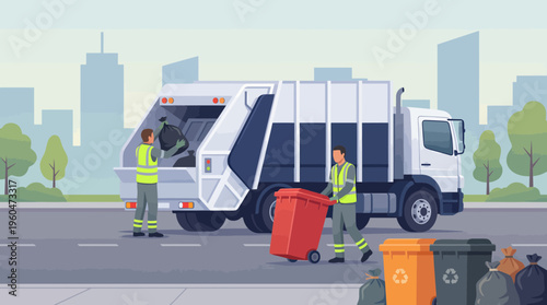 Professional municipal sanitation technicians loading waste bags and bins into a garbage truck, concept for urban management, environmental service and waste disposal infrastructure