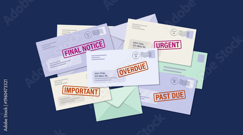 Pile of mail envelopes with warning stamps like final notice, overdue and urgent on dark blue background, concept for debt collection, financial management and corporate bankruptcy services
