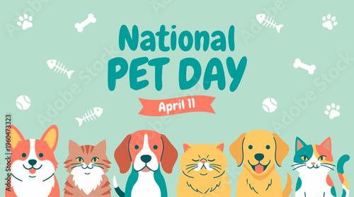 National Pet Day banner featuring cute flat vector illustrations of cats and dogs on teal background, concept for social media marketing, animal welfare campaign and greeting card design
