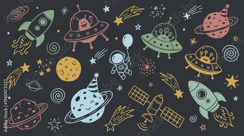 Hand drawn space doodle collection with rockets ufo planets and astronaut worker on dark background, concept for children book illustration, nursery wallpaper and creative educational poster