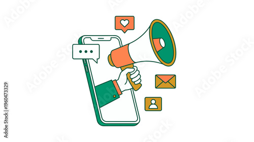 Marketing manager hand holding megaphone coming out from smartphone screen with social media notification icons on white background, concept for digital marketing, mobile ads and promotion