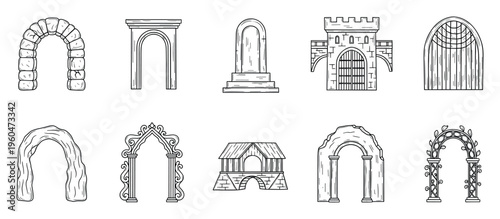 Assorted arches featuring ancient stone, castle gate, natural rock, ornate garden, and classic structures, providing versatile architectural elements for creative visual projects