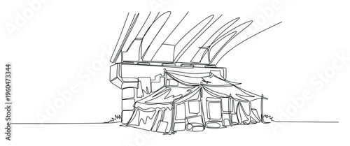 Continuous line drawing of an iconic building with multiple curved roof sections towering over a simple ground tent, perfect for illustrating urban contrasts or societal themes.