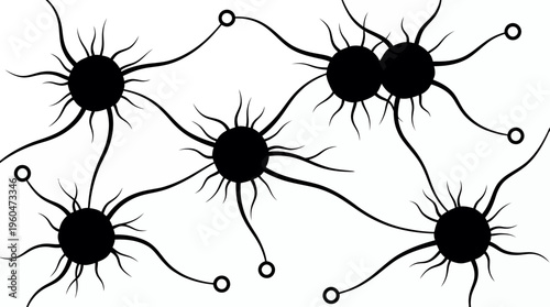 Abstract black silhouette of neuron cells or interconnected nerve network with tentacles on white background, concept for neuroscience research, medical education and digital connectivity