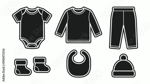 Black baby clothes vector icons set featuring bodysuit shirt pants socks bib and beanie on white background, concept for infant apparel catalog, retail shop and newborn fashion branding