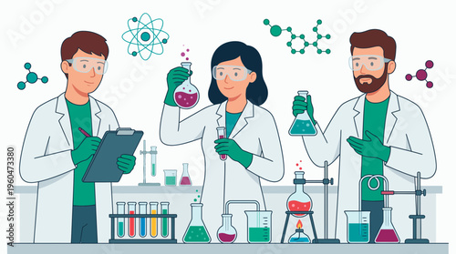 Group of professional lab scientists and chemical researchers conducting experiments using glassware, concept for pharmaceutical research, biotechnology development and clinical analysis