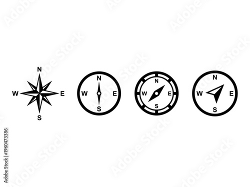 Minimalist black and white compass rose icons set with cardinal directions on white background, concept for navigation system, travel itinerary and business strategy direction